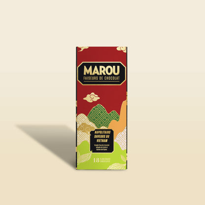 Marou 6 flavors Vietnam chocolate gift box, front artwork, 18 pieces