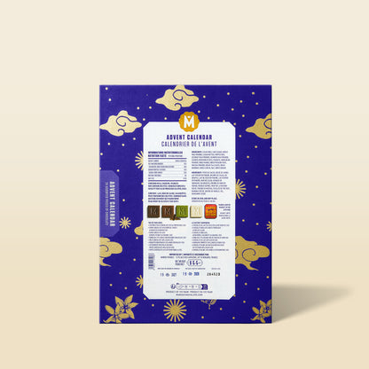 Back of blue Marou advent calendar with printed details, ingredients, and barcodes