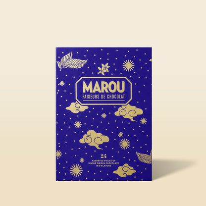 Blue Marou chocolate advent calendar with gold cloud and leaf illustrations