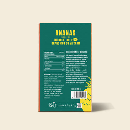 Pineapple enrobed 65% dark chocolate box back with product details