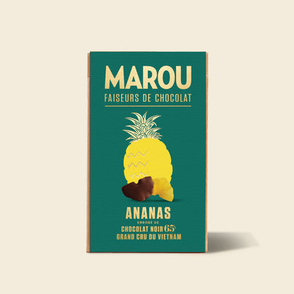Marou pineapple enrobed 65% dark chocolate box with pineapple artwork