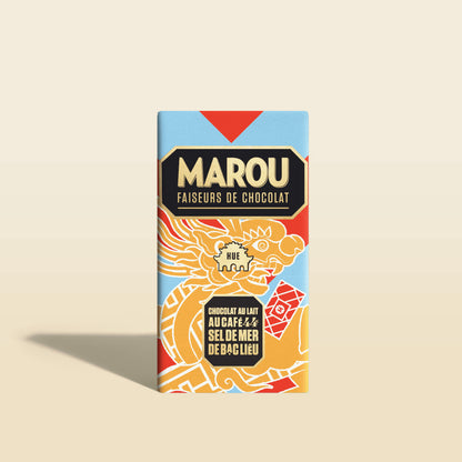 MAROU chocolate bar package with coffee and sea salt design, blue wrapper
