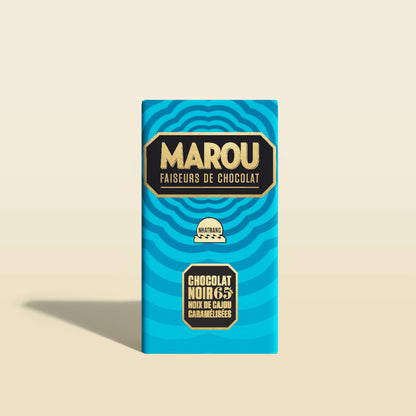 Dark chocolate bar by MAROU with caramelized cashews, blue package