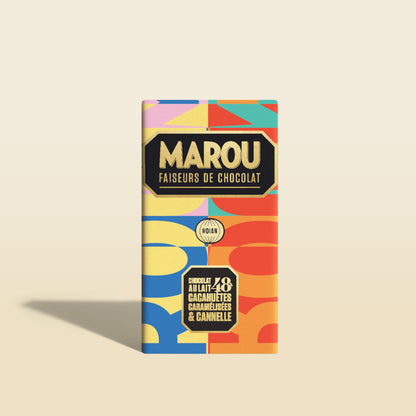 Marou 48% milk chocolate bar with caramelized peanut and cinnamon spices