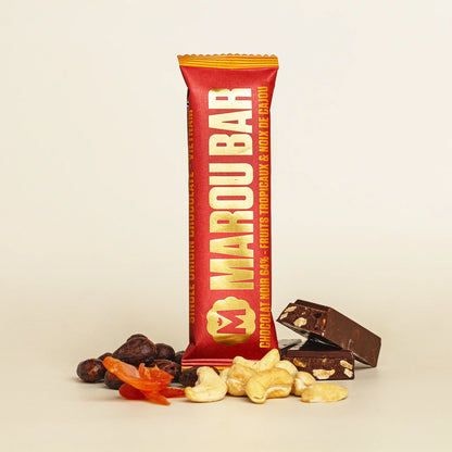 Barre snack chocolatée 64% fruits tropicaux & noix de cajou grillées