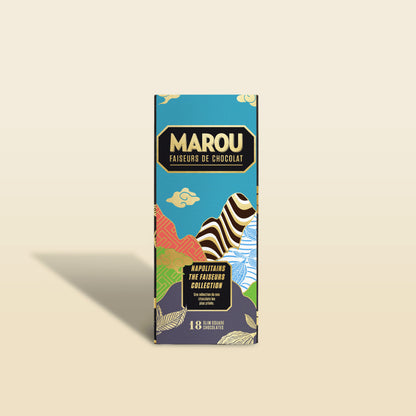 Marou Napolitains chocolate gift box with 18 pieces, teal and illustrated packaging