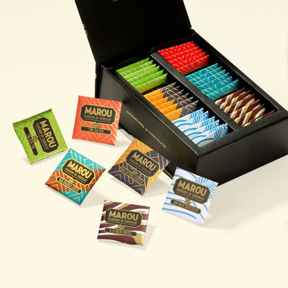Marou 36-piece chocolate gift box with assorted foil-wrapped napolitains in open tray