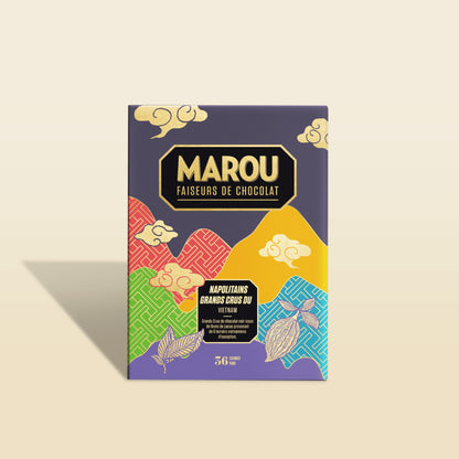 MAROU single-origin napolitains chocolate gift box, 36 pieces, purple with colorful graphics