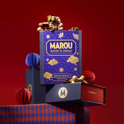 Christmas chocolate mendiant box with assortment, shown closed