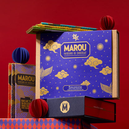 Christmas chocolate mini bar gift box with Marou branding and blue festive design