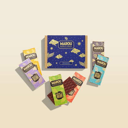 Marou Christmas chocolate mini bar gift box with six wrapped bars displayed