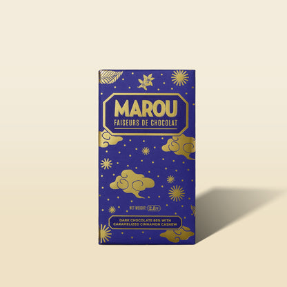 MAROU dark chocolate bar box with blue design and gold ingredient accents