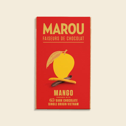 Mango dark chocolate bar (65%) in red MAROU wrapper with mango artwork