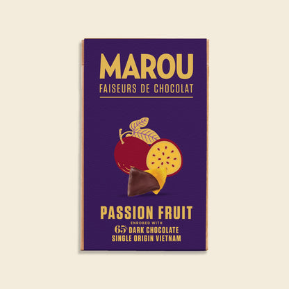 Passion fruit dark chocolate bar (65%) in purple MAROU wrapper with passion fruit art