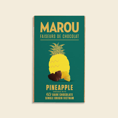 Pineapple dark chocolate bar (65%) in green MAROU wrapper with pineapple artwork