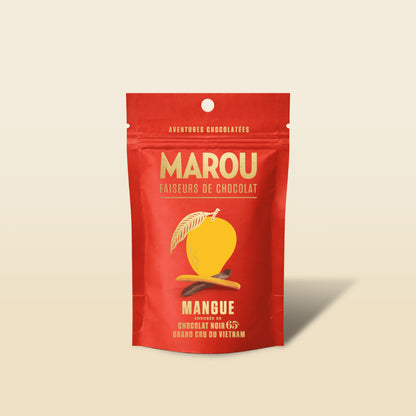 Chocolate-covered mango pouch, red MAROU bag labeled 65% dark chocolate