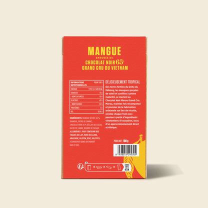 Face arrière boîte chocolat Mangue enrobée chocolat noir 65%, infos nutritionnelles