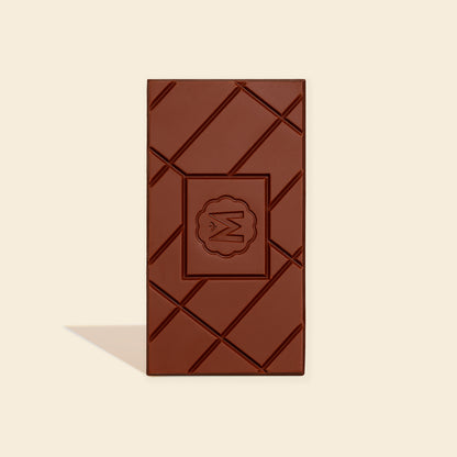70% single-origin chocolate bar with dark brown geometric embossed design