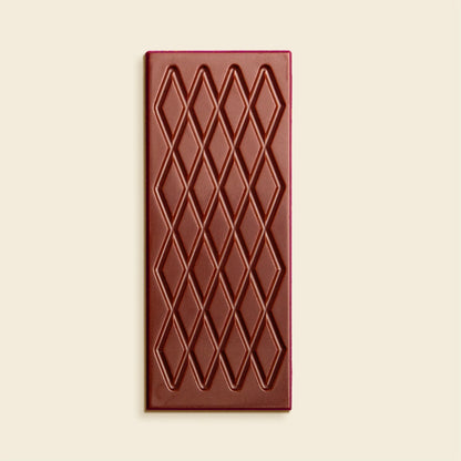 Marou 100% dark chocolate bar, red wrapper back with diamond grid pattern on chocolate.