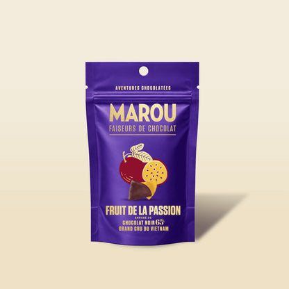 Marou fruit de la passion dark chocolate 65% pouch, purple packaging
