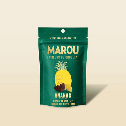 Dark chocolate pouch with pineapple illustration and green Marou packaging
