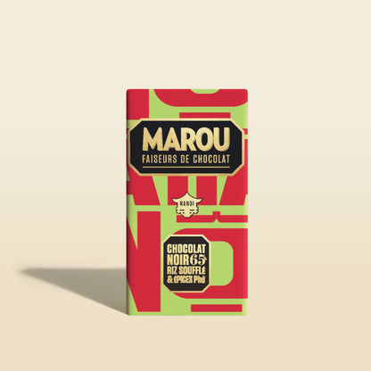 Dark chocolate bar box with MAROU logo, 65% noir, rice puff and pho spice flavor