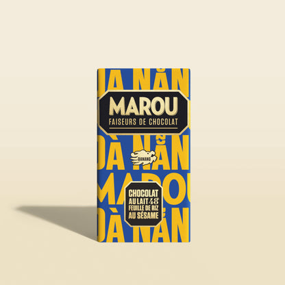 Marou chocolate bar box with yellow and blue design and sesame text
