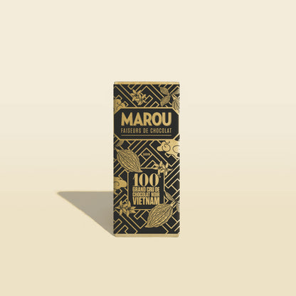 MAROU mini chocolate bar package with dark gold geometric design and 100 Grand Cru label
