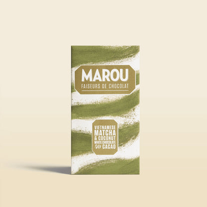 Marou white chocolate bar with matcha & coconut, 40% cocoa, front label, green wrap