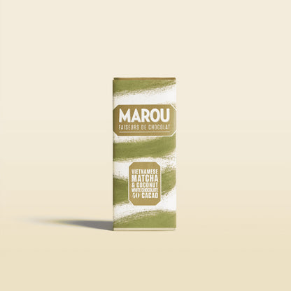 MAROU Vietnamese matcha & coconut white chocolate mini bar, green and white package